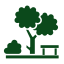 Icône verte d'un arbre, d'un buisson et d'un banc pour la création de jardin